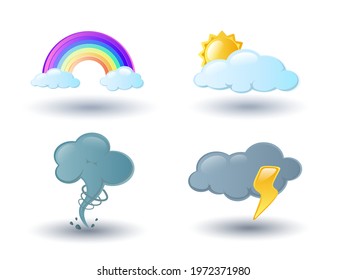 Weather icons pack. Colorful weather forecast design elements, perfect for mobile apps and widgets. Sun and thunderstorm stickers.