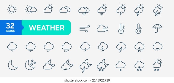 Weather icons pack in line style. Weather line icon set isolated. Clouds logo and sign, vector illustration. Weather forecast - outline web icon set, Simple Thin line icons collection.
