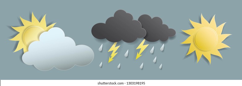Weather icons in paper art style. Sun and rainy clouds with lightning bolts made in paper craft imitating way. Set of abstract cut out creative elements.