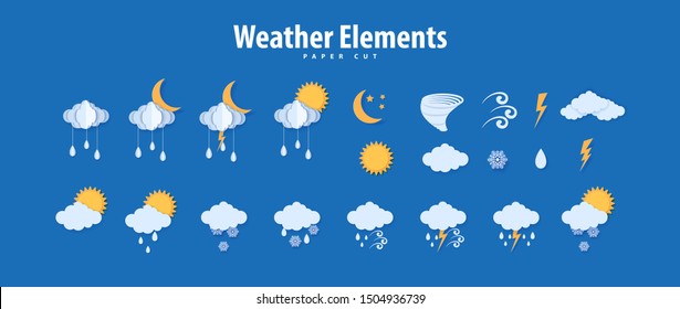 Weather icons in paper cut style. Vector paper carve climate elements clouds raindrops sun moon tornado thunder for meteorology poster design. Origami art creative symbols of storm