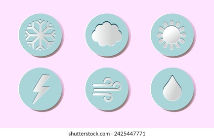   Weather icons. Paper cutting and crafting style. The buttons are  concave. Round embossed buttons. Collection of realistic 3D icons. 