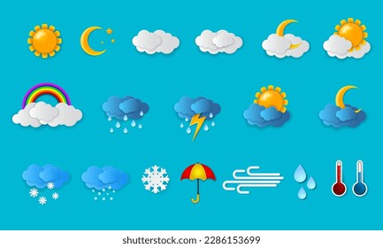 Weather icons. Papercut weather icons set. Weather forecast icon set