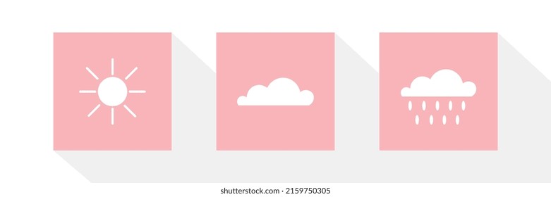 Iconos meteorológicos en marcos rosados en pantalla blanca con sombra, diseño plano en vector.