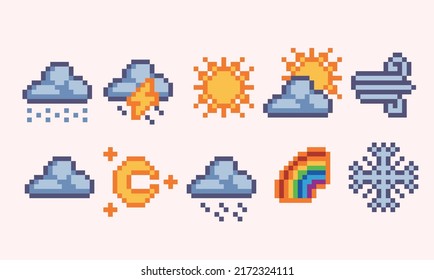 Weather icons pixel art set. Weather conditions, forecast
 collection. 8 bit sprite. Game development, mobile app.  Isolated vector illustration.