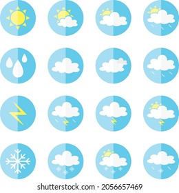 Weather icons for print, web or mobile app. Mega pack of colored weather icons. All icons for weather with sample usage. 100% vector, eps 10.