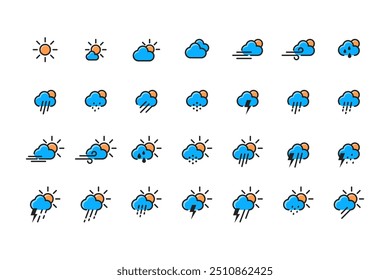 ícones do tempo, chuva, quente, nublado, relâmpago, ensolarado. coleção de tempo vetor