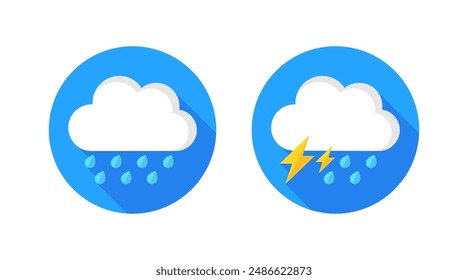 Weather icons. Rain, rain and thunderstorm icons. Flat style. Vector icons.