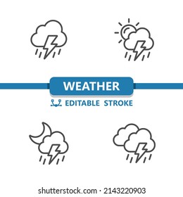 Weather Icons. Raining, Rain, Cloud, Storm, Lightning, Sun, Day, Moon, Night. Professional, Pixel Perfect Icons. EPS 10 Format. Editable Stroke.