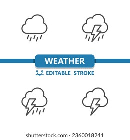 Weather Icons. Raining, Rain, Cloud, Storm, Lightning. Professional, pixel perfect icons. EPS 10 format. Editable Stroke.