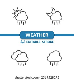 Wettersymbole. Regen, Regen, Wolke, Sonne, Tag, Mond, Nachtvektorsymbol. Bearbeitbarer Stroke.
