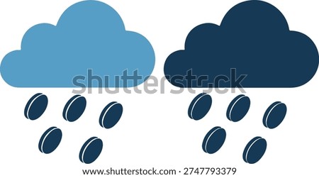 Weather icons of rainy clouds and raindrops in blue shades