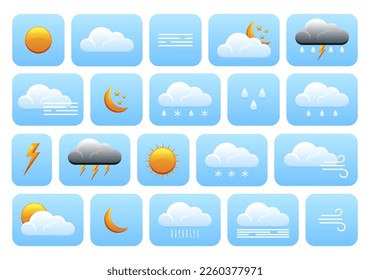 Weather icons. Realistic weather icons set isolated on transparent background. Forecast weather flat symbols.