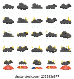 weather icons, render style sun, cumulus and snowflakes. Trendy fluffy bubbles clouds, wind symbol, raindrops. Pithy isolated vector set