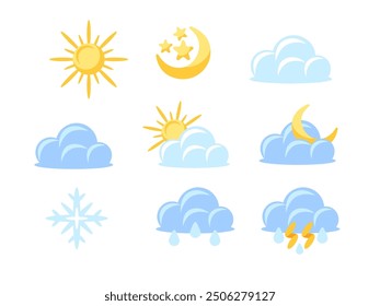 Weather icons representing sunny, cloudy, rainy, stormy and snowy conditions, day and night
