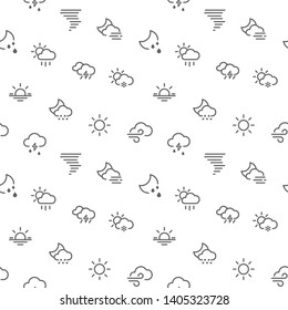 weather icons seamless pattern grey vector on white background. Collection Of sunny, partly sunny, rain, snow, cloud weather forecast. Template for design fabric, backgrounds, wrapping paper.
