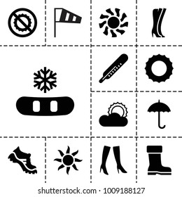Weather icons. set of 13 editable filled weather icons such as thermometer, woman boots, boot, sun, snowflake, no brightness, wind cone