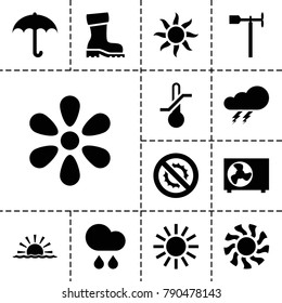 Weather icons. set of 13 editable filled weather icons such as thunder, umbrella, weather vane, rain, air conditioner, sun, boot, sun rise, no brightness
