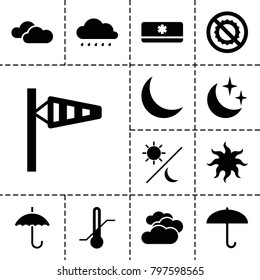 Weather icons. set of 13 editable filled weather icons such as cloudy weather, wind cone, umbrella, no brightness, thermometer, crescent, moon and stars, air conditioner