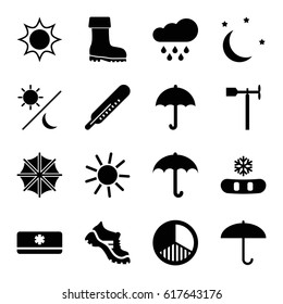 Weather icons set. set of 16 weather filled icons such as thermometer, sun, boot, weather vane, brightness, moon and stars, air conditioner, rain, umbrella, sun and moon