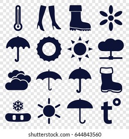 Weather icons set. set of 16 weather filled icons such as sun, boot, umbrella, cloudy weather, woman boots, temperature, thermometer, snowflake