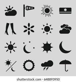 Weather icons set. set of 16 weather filled icons such as sun, cloudy weather, thunder, wind cone, woman boots, crescent, moon and stars, air conditioner, sun cloud