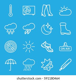weather icons set. Set of 16 weather outline icons such as umbrella, thunder, thermometer, sun, woman boots, boot, rain, no brightness, open air, moon and stars