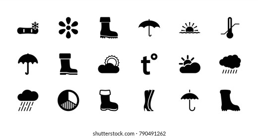 Weather icons. set of 18 editable filled weather icons: sun, boot, umbrella, rain, thermometer, brightness, temperature, sun cloud, woman boots, snowflake