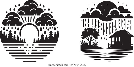 Weather icons set. 2 isolated  vector line icons with clouds