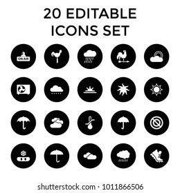 Weather icons. set of 20 editable filled weather icons such as sun, umbrella, snowflake, rain, sun rise, no brightness. best quality weather elements in trendy style.