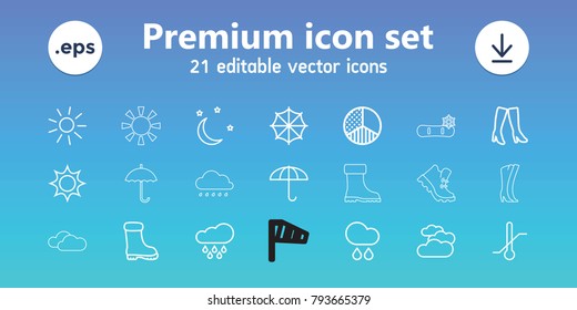 Weather icons. set of 21 editable outline weather icons includes cloudy weather, sun, woman boots, boot, umbrella, thermometer, brightness, moon and stars, rain, wind cone