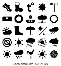 weather icons set. Set of 25 weather filled icons such as sun, boot, thunder, rain, weather vane, no brightness, air conditioner, temperature, sun cloud, umbrella