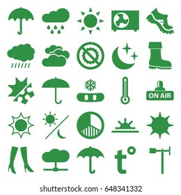 Weather icons set. set of 25 weather filled icons such as sun, umbrella, woman boots, boot, sun rise, no brightness, open air, moon and stars, brightness, air conditioner