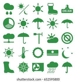 Weather icons set. set of 25 weather filled icons such as sun, boot, rain, weather vane, no brightness, thermometer, open air, brightness, umbrella, moon and stars