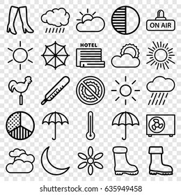 Weather icons set. set of 25 weather outline icons such as umbrella, sun, thermometer, woman boots, boot, rain, no brightness, open air, crescent, brightness, air conditioner