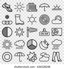 Weather icons set. set of 25 weather outline icons such as sun, cloudy weather, wind cone, woman boots, boot, rain, sun rise, no brightness, open air, moon and stars