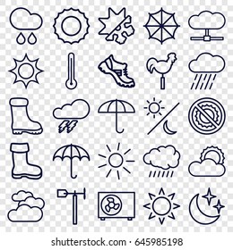 Weather icons set. set of 25 weather outline icons such as thunder, sun, boot, rain, no brightness, moon and stars, air conditioner, cold and hote mode, thermometer, umbrella