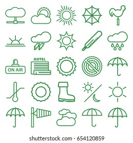 Weather icons set. set of 25 weather outline icons such as umbrella, sun, thunder, wind cone, thermometer, boot, sun rise, no brightness, open air, rain, sun and moon