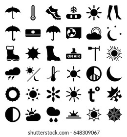 Weather icons set. set of 36 weather filled icons such as sun, boot, umbrella, thunder, woman boots, weather vane, sun rise, thermometer, open air, crescent, brightness