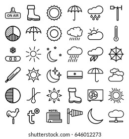 Weather icons set. set of 36 weather outline icons such as umbrella, thunder, wind cone, sun, boot, thermometer, rain, open air, crescent, moon and stars, brightness