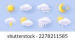Weather icons set, 3d render soft shapes illustration of different weather conditions at night and day