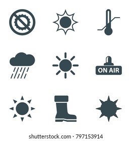 Weather icons. set of 9 editable filled weather icons such as sun, rain, no brightness, thermometer, open air
