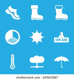 Weather icons set. set of 9 weather filled icons such as boot, open air, brightness, umbrella, thermometer, sun
