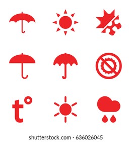 Weather icons set. set of 9 weather filled icons such as sun, umbrella, no brightness, rain, cold and hote mode