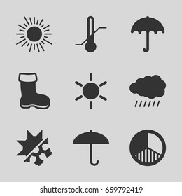 Weather icons set. set of 9 weather filled icons such as sun, boot, umbrella, thermometer, brightness