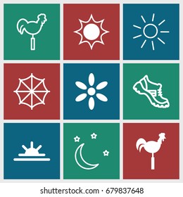 Weather icons set. set of 9 weather filled and outline icons such as sun, weather vane, sun rise, boot, moon and stars