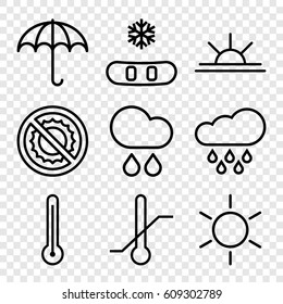 Weather icons set. set of 9 weather outline icons such as sun, sun rise, no brightness, thermometer, rain, umbrella