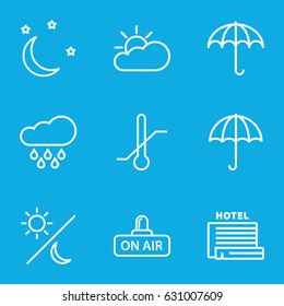 Weather icons set. set of 9 weather outline icons such as thermometer, open air, moon and stars, sun cloud, rain, sun, sun and moon