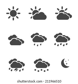 Weather icons set black simple flat symbols isolated on white background. Vector illustration