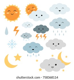 Weather icons, set of bright icons weather rainy sunny temperature and other icons in flat design