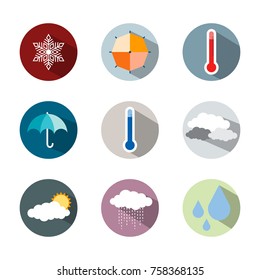 Weather icons, set of bright icons weather rainy sunny temperature and other icons in flat design